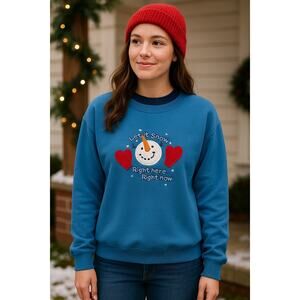 Christmas Blue Embroidered Snowman Let it Snow Graphic Sweatshirt Women’s Large